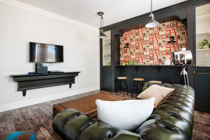 bar counter along the wall in the interior of the hall
