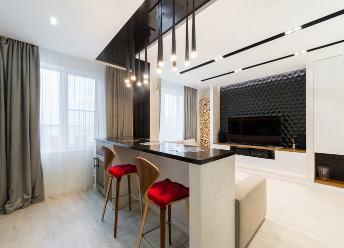 bar counter behind the sofa in the interior of the hall
