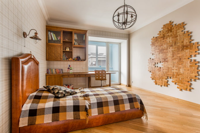 bed with a checkered bedspread in the bedroom