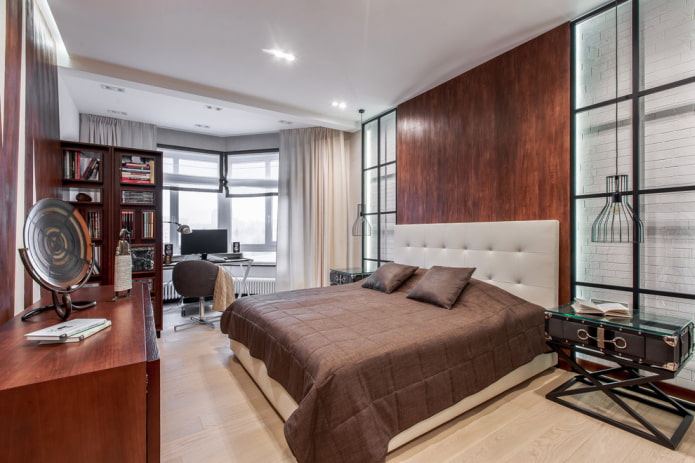 bed with a bedspread in the loft style