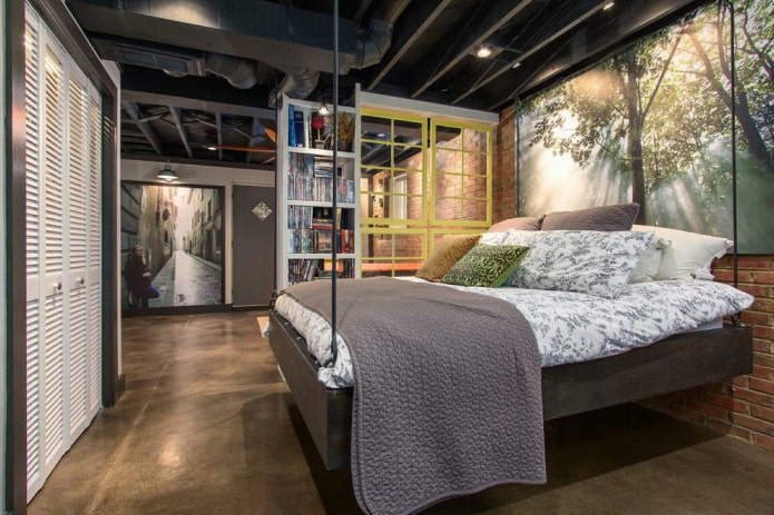 bed on metal cables in the interior