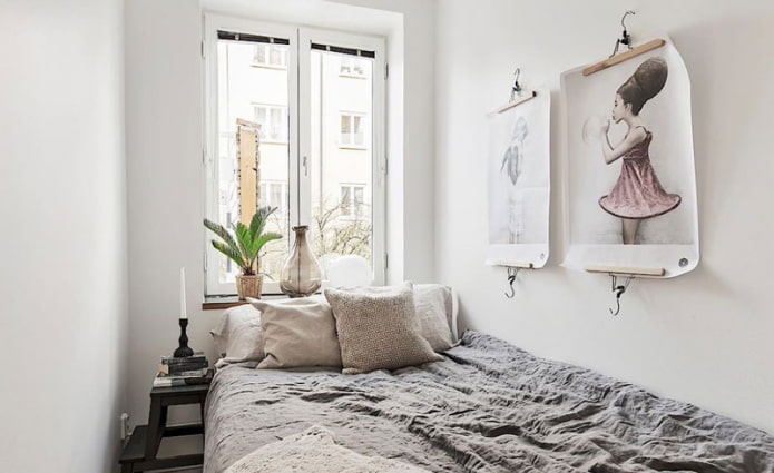 bed in a narrow room