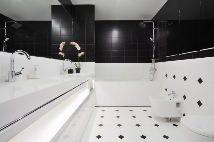 black and white tiling in the bathroom