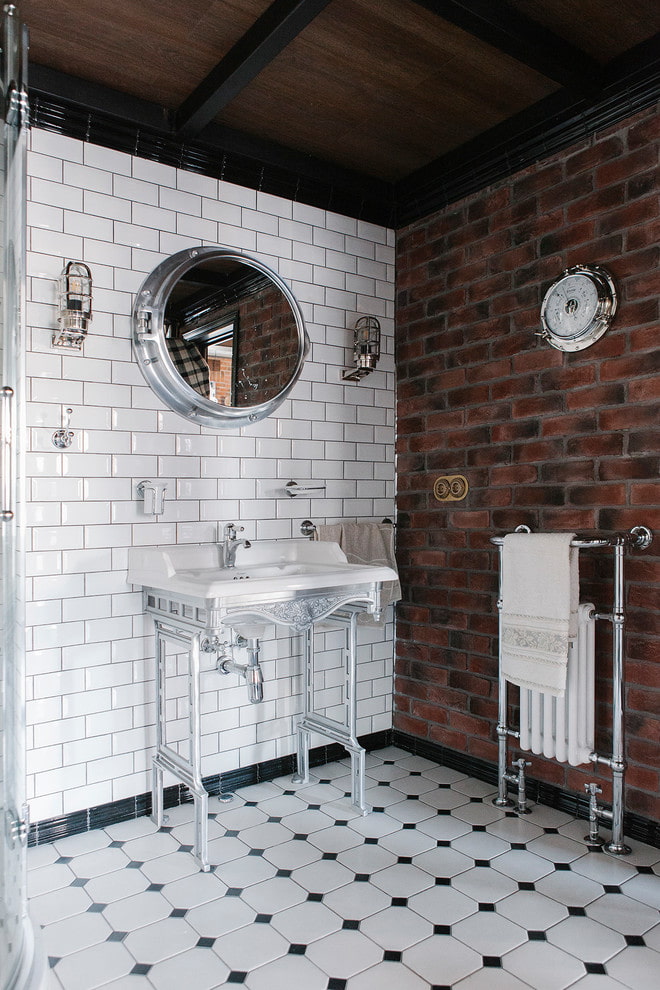 white tiles with bricks in the bathroom interior