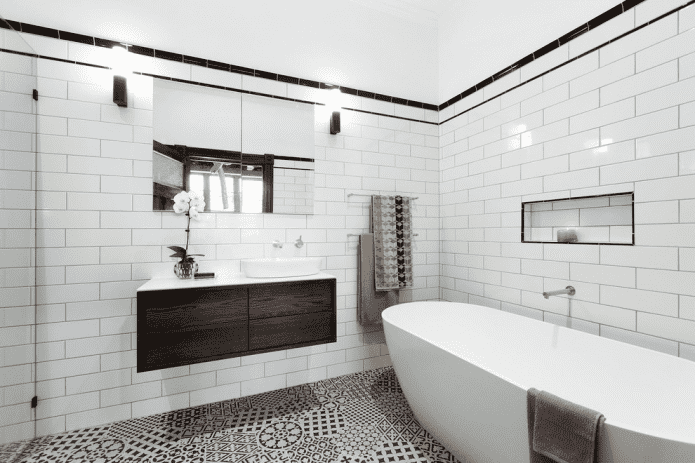white tiles with bricks in the bathroom interior