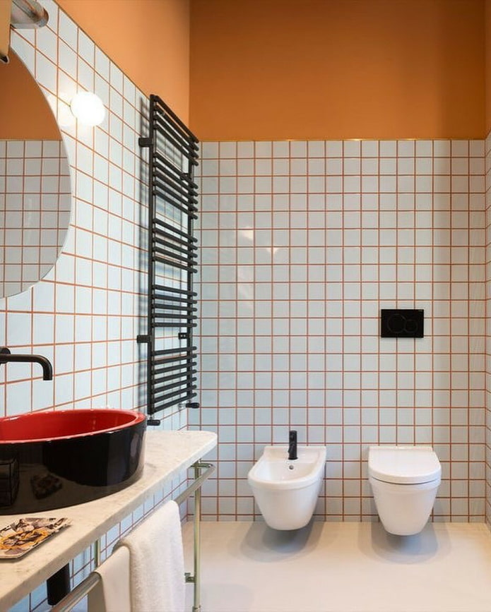 white tiles with grout in the bathroom interior