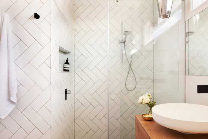 white herringbone tiles