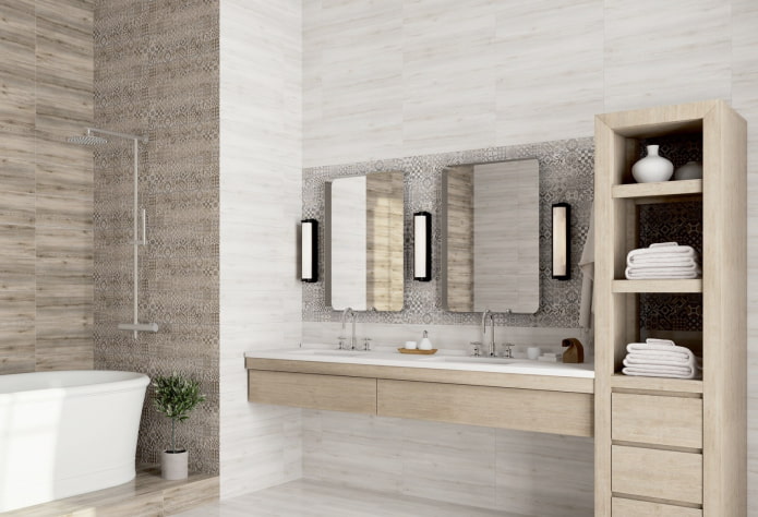 white wood-like tiles in the bathroom