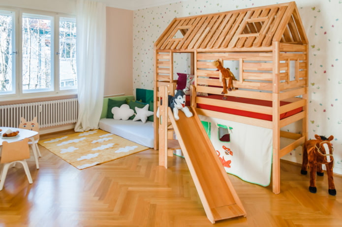 bed in the form of a house with a ladder in the nursery bed in the form of a house with a ladder in the nursery