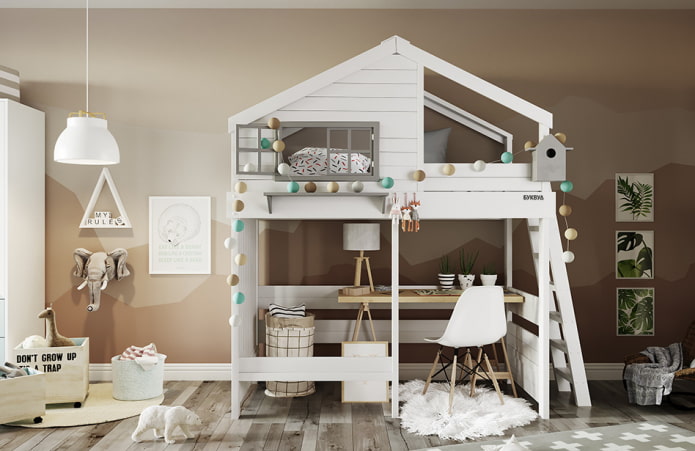 bed in the form of a house with a workplace in the nursery bed in the form of a house with a workplace in the nursery