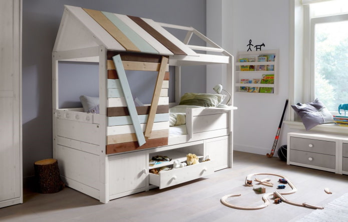 bed in the form of a house with drawers in the nursery bed in the form of a house with drawers in the nursery