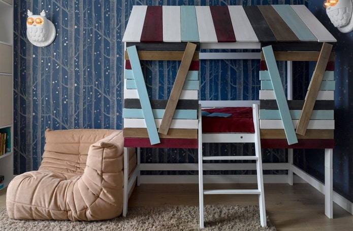 bed in the form of a house with a ladder in the nursery bed in the form of a house with a ladder in the nursery
