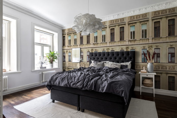 black bed in the interior of the bedroom