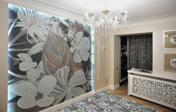 mosaic panel and bedroom interior