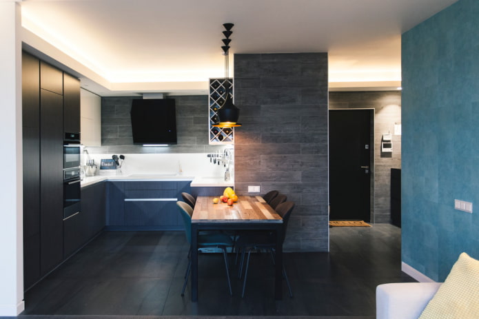 black floor tiles in the interior of the kitchen black floor tiles in the interior of the kitchen