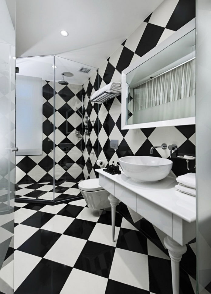 checkerboard tiled layout in the bathroom interior