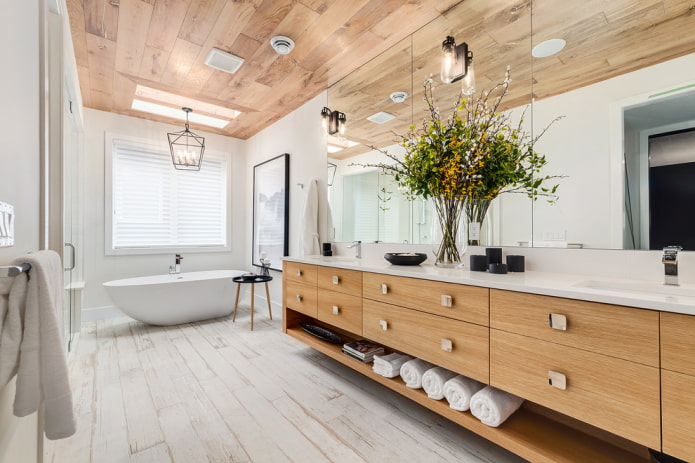 wood-like ceiling tiles in the bathroom interior
