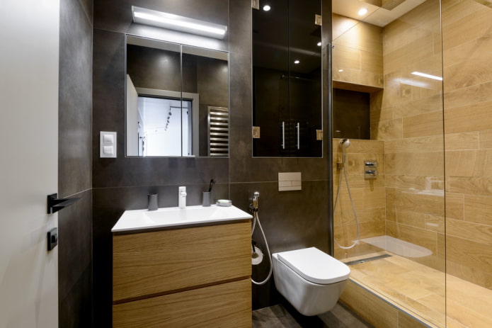 shower room with wood-effect tiles in the bathroom interior