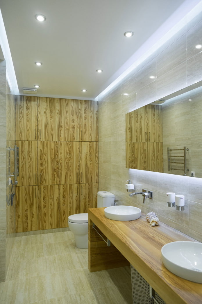 wood-effect tiles in the interior of the toilet