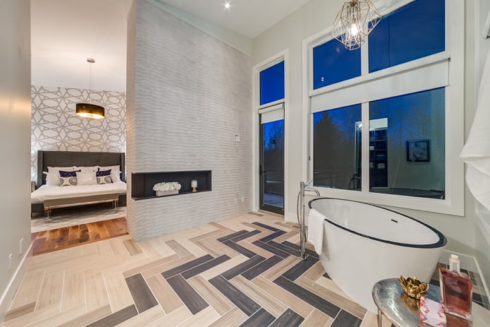 the layout of tiles for wood in the interior of the bathroom