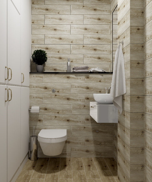 wood-effect tile design in the bathroom interior