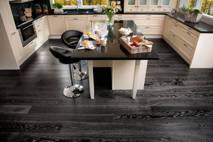 black linoleum with imitation laminate in the interior