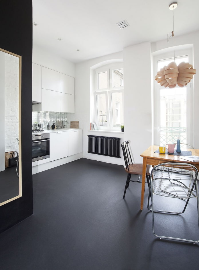 black linoleum in the interior of the kitchen black linoleum in the interior of the kitchen