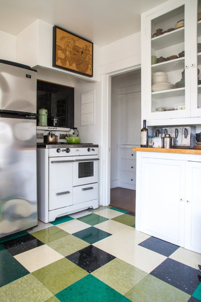 linoleum with geometric patterns in the interior of the kitchen linoleum with geometric patterns in the interior of the kitchen