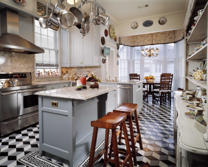 Large kitchen with geometric pattern on the floor Large kitchen with geometric pattern on the floor
