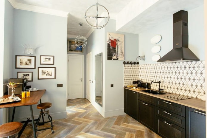 linoleum under parquet in the interior of the kitchen linoleum under parquet in the interior of the kitchen