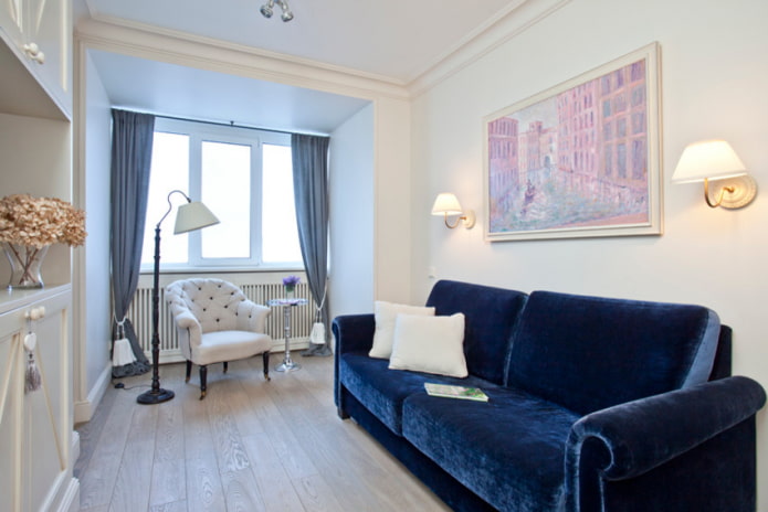 sofa with fabric upholstery in blue in the interior