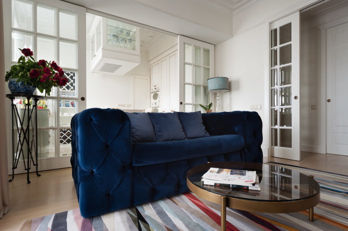 dark blue sofa in the interior