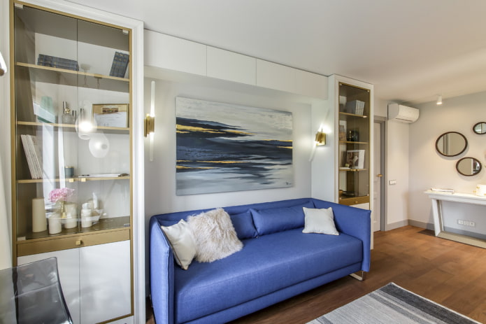 sofa sofa with fabric upholstery in blue in the interior