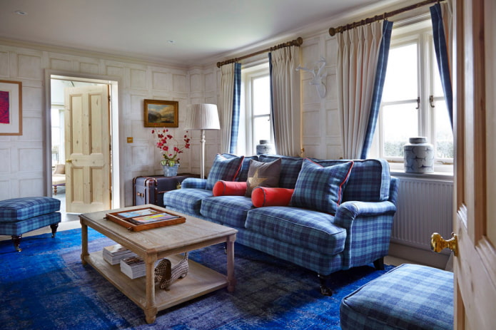 blue sofa with patterned upholstery