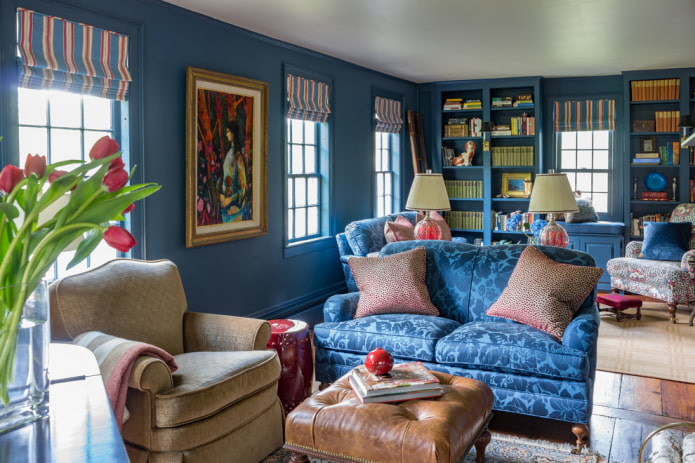 blue sofa with patterned upholstery