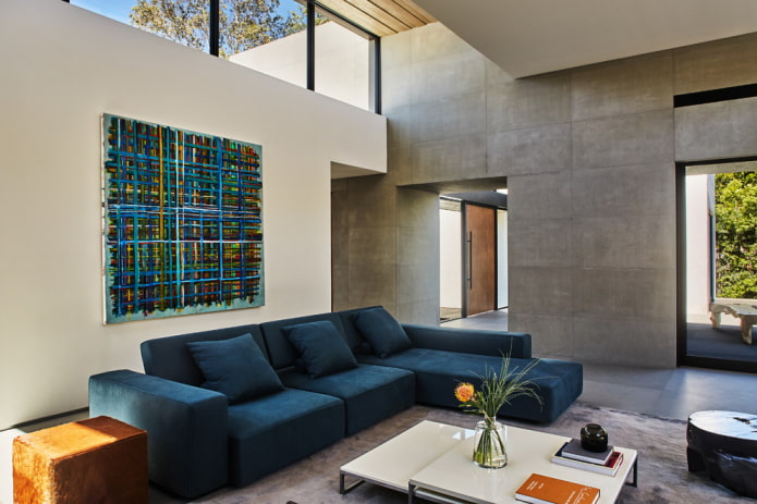 blue modular sofa in the interior