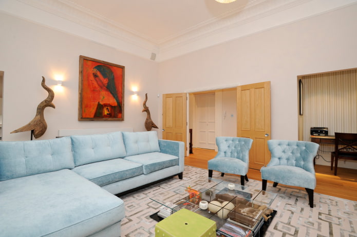 gray-blue sofa in the interior