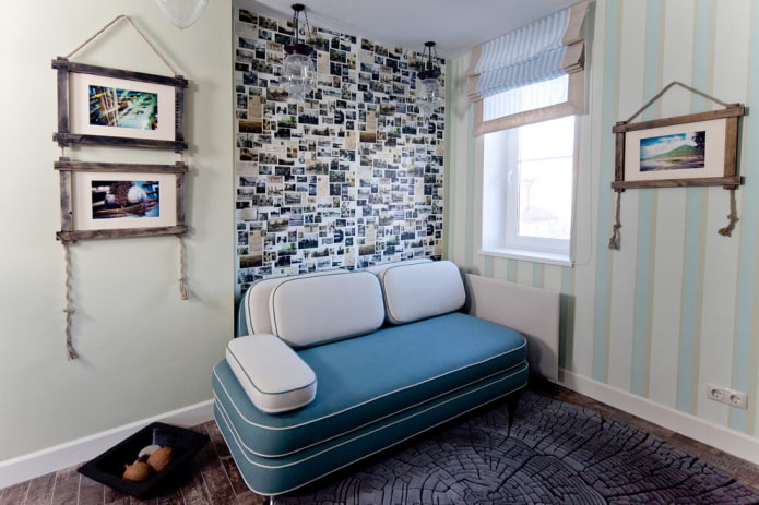 sofa in blue and white color in the interior