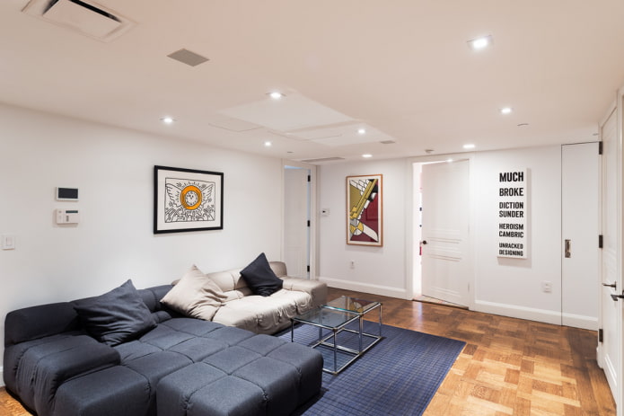 blue-gray sofa in the interior