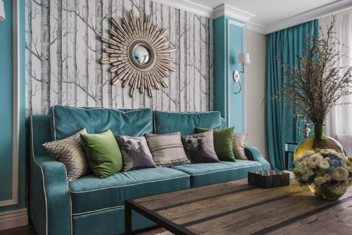 blue-green sofa in the interior