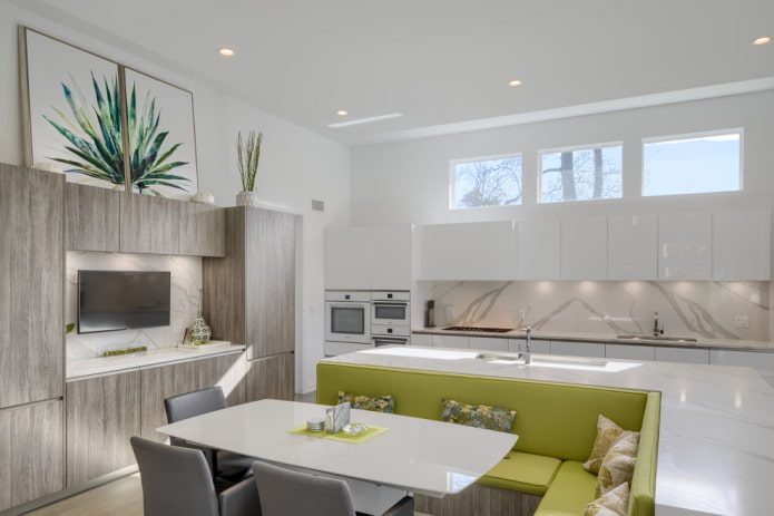 green sofa in the interior of the kitchen green sofa in the interior of the kitchen