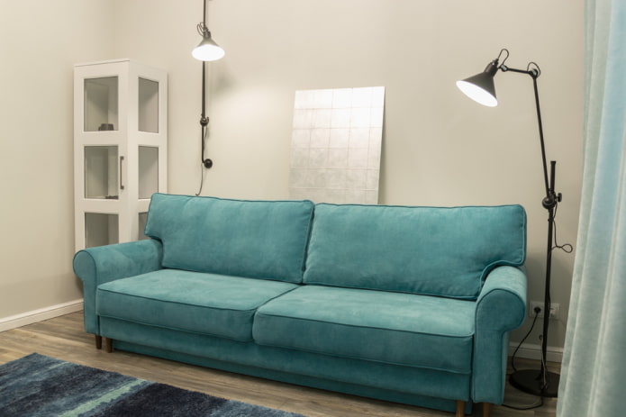 straight sofa in turquoise color in the interior straight sofa in turquoise color in the interior