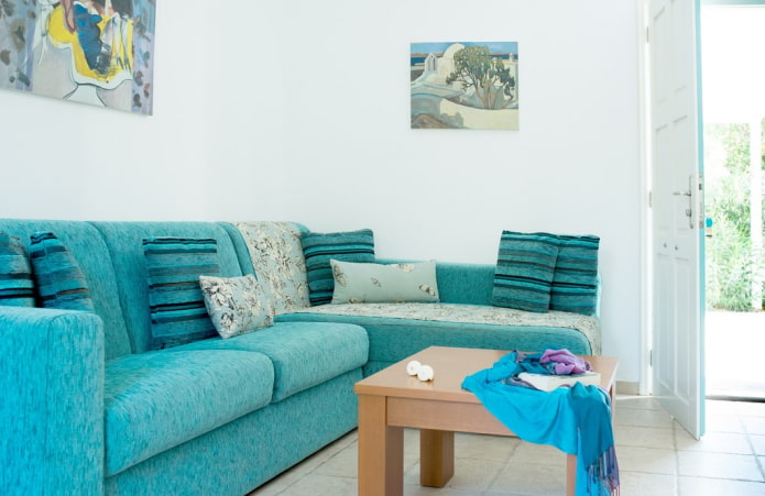 sofa in bright turquoise color in the interior sofa in bright turquoise color in the interior