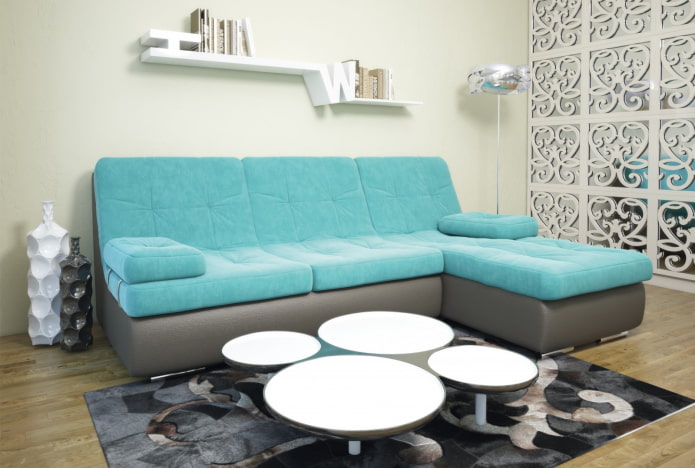 gray-turquoise sofa in the interior gray-turquoise sofa in the interior
