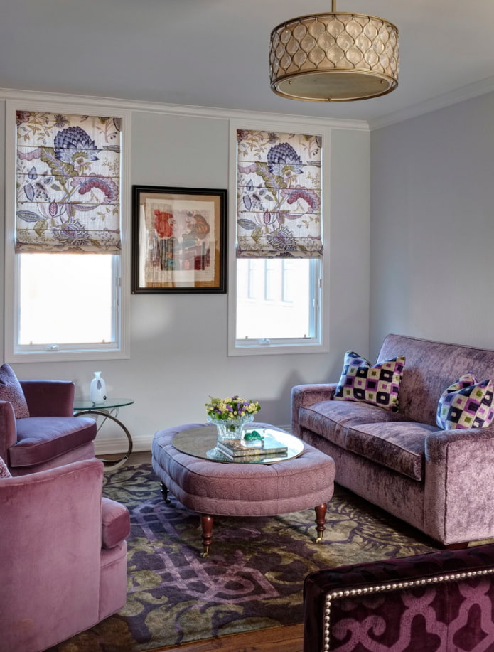 roman shades with purple pattern