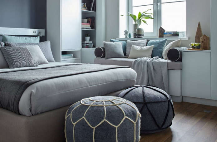 gray poufs in the bedroom interior