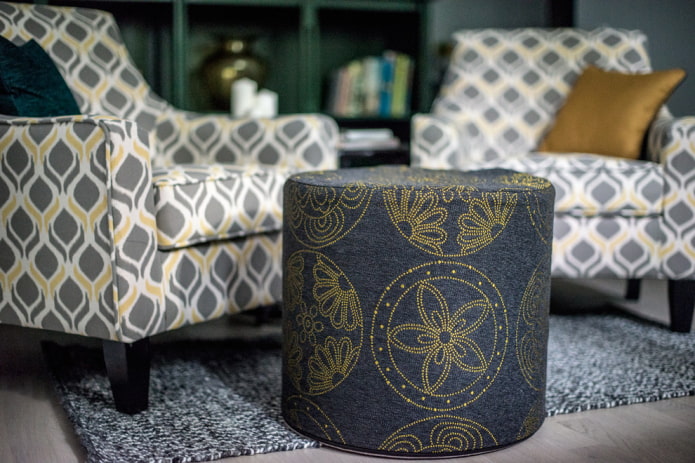 pouf with embroidery in the interior of the living room
