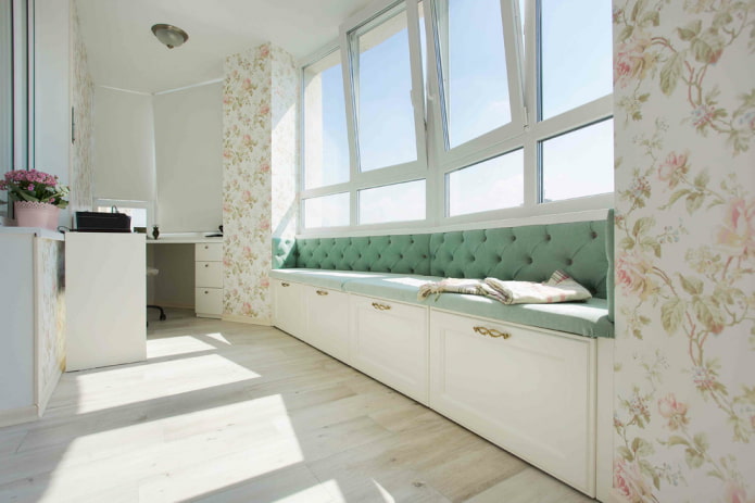 narrow sofa in the interior of the loggia