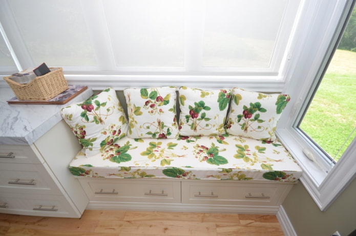 sofa with storage boxes in the interior of the kitchen