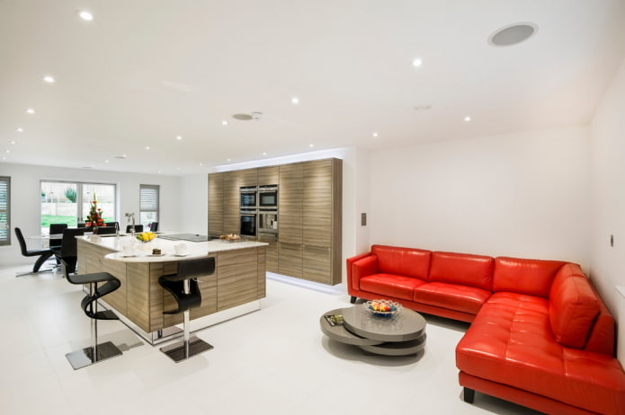 red sofa in the interior of the kitchen